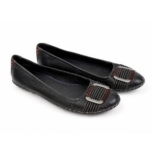 Indigo by Clarks Black Leather Boho Ballet Flats w Buckle Women's Size 9M